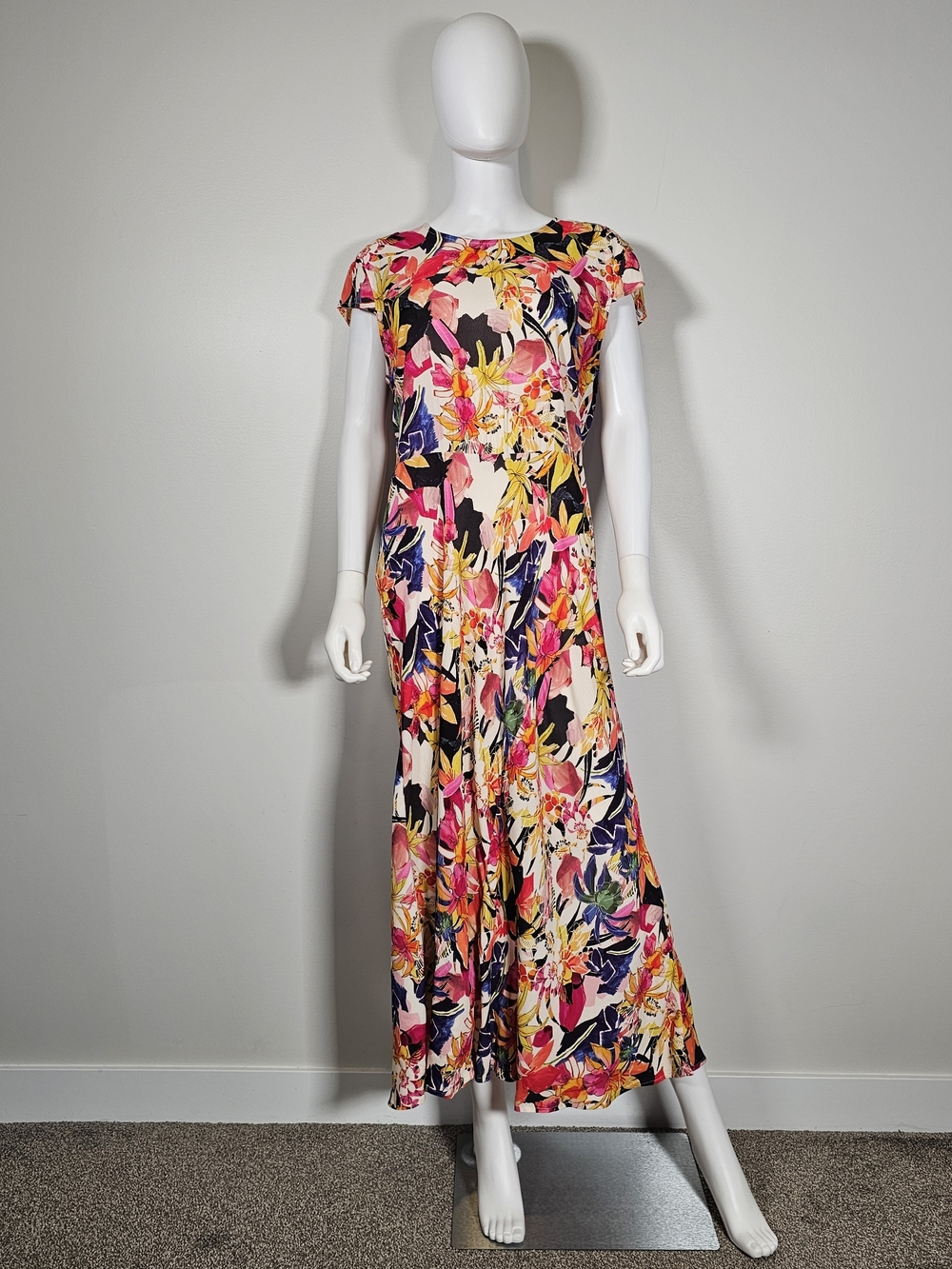 Foil Floral Vibrant Cap-Sleeve Maxi Dress Multicolor Sz 6